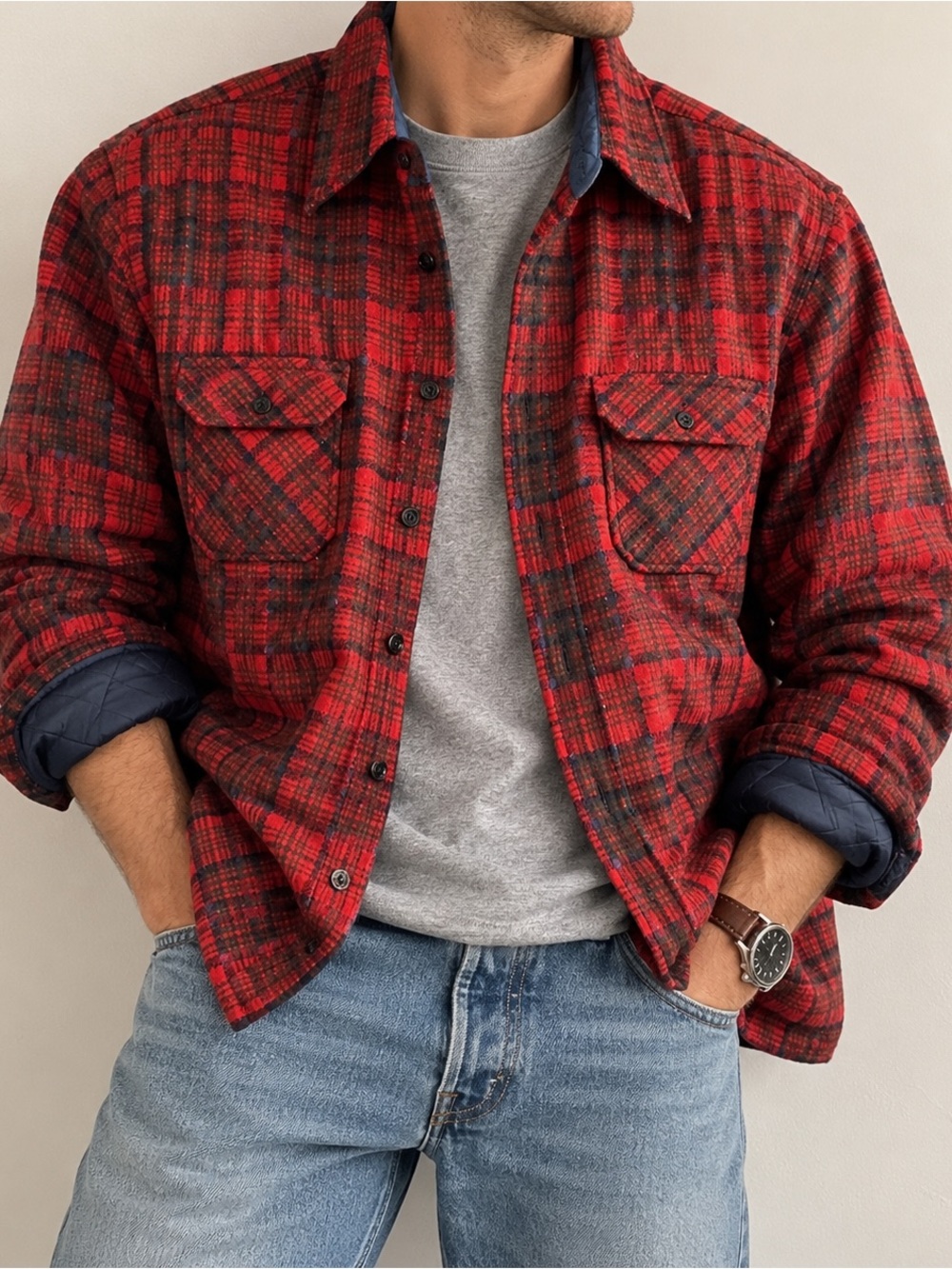 Vintage Red Plaid Quilted Flannel Shirt Jacket Lined Shacket Workwear
